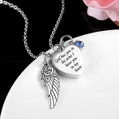 God has You in his arms with Angel Wing Charm Cremation Ashes Jewelry Keepsake Memorial Urn Necklace with Birthstone Crystal - color: October