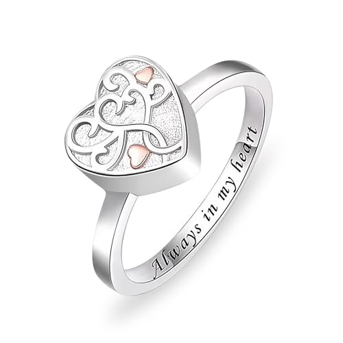 Cremation Jewelry Always in My Heart Heart Urn Ring for Girls Women, Memorial Ashes Keepsake Ring with Crystal Remembrance - color: Silver-Always-8#