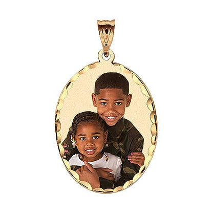 Oval w/Diamond Cut Edge Custom Photo Engraved Pendant - in Solid 14K, 10k, Yellow, White, Or Sterling Silver - color: Solid 10K Yellow Gold + Photo, size: 2/3 x 3/4 Inch