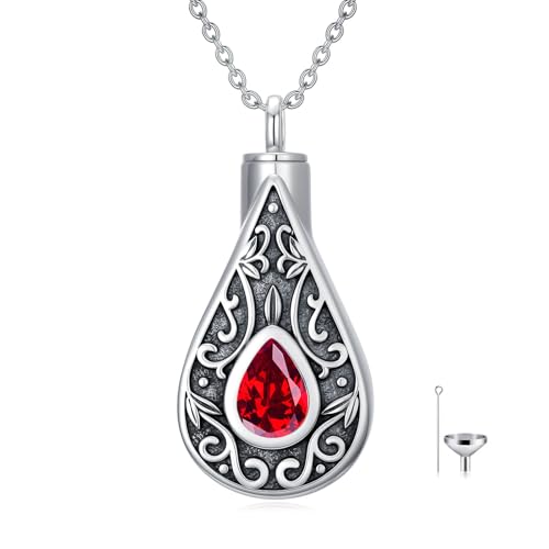 Teardrop Urn Necklace for Ashes Filigree Birthstone Keepsake Pendant Cremation Jewelry for Ashes Memorial Jewelry Gifts for Loss of a Loved One for Women - style: Jul-Ruby