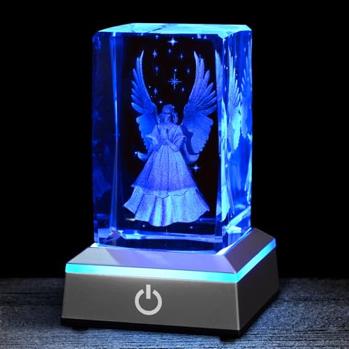 3D Guardian Angel Crystal Night Light with Multicolor LED Base Glass Laser Engraved Guardian Angel Figurines Statue Lamp Gifts for Women Friends Birthday Christmas Room Decor - color: Guardian Angel