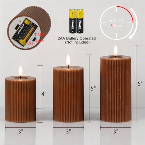 Brown Battery Operated Flameless Candles with 6 Hour Timer | 3D Wick Flickering LED Pillar Candles, Vertical Stripe Wax, Dinner Wedding Christmas Holiday Decor, 3"Dx5",6",7"H, 3 Pack - color: 7-3 Pack Brown Timer