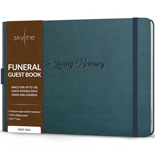 Skyline Funeral Guest Book, Sign In Name & Address, Hardcover Deep Sea | 10”x7”, Elegant sign-in guestbook for memorial service & celebration of life with large signature space, Memory book - color: Deep Sea, size: Smaller than A4 (10" x 7")