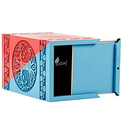 Wooden Cremation Urn for Human Ashes, 640 Cu in, XX-Large, Blue & Red | Hand-carved wood, blue and red, screw-locked sliding base, engraving available, holds two adults, to 640 lb combined - color: Blue & Red, size: XL - 14Hx7.5W (640 Cu/In)