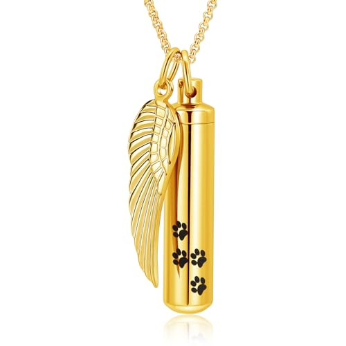 Hearbeingt Cylinder Cremation Jewelry Paw Print Urn Necklaces for Ashes | Stainless Steel,with Charm Wing,for Women Men,Memorial Necklace,Ash Pendant for Human Pet,Keepsake Jewelry,Gift,Fill Tool - color: Gold