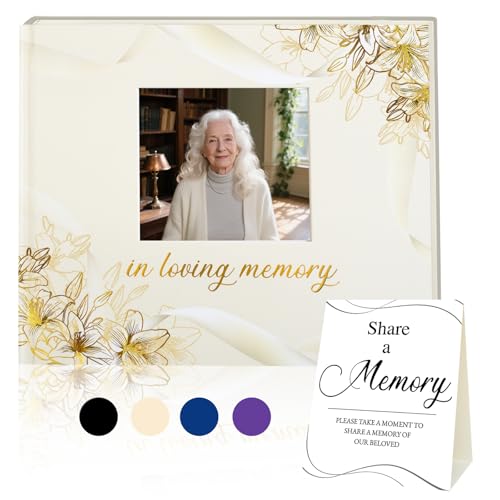 Funeral Guest Book, in Loving Memory Sign in Book with Photo Slot | 330 Entries, Table Sign Card Included, Gold Stamping, Hardcover, Celebration of Life Keepsake, 9x7.5", Beige - color: Beige Photo