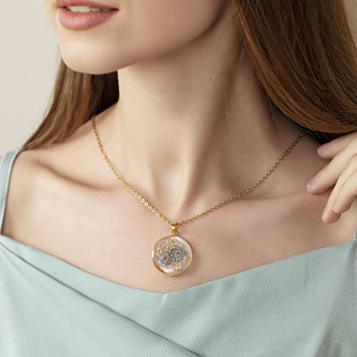 AUNTESIGN Forget-Me-Not and Queen Anne's Lace Pressed Wildflower Necklace | Birth Month Flowers Necklace | Gold/Silver Pressed Flower Jewelry | Mother's Day | Gift For Her - color: Forget-Me-Not and Queen Anne's Lace