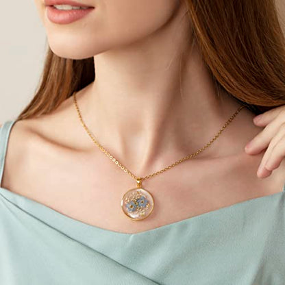 AUNTESIGN Forget-Me-Not and Queen Anne's Lace Pressed Wildflower Necklace | Birth Month Flowers Necklace | Gold/Silver Pressed Flower Jewelry | Mother's Day | Gift For Her - color: Forget-Me-Not and Queen Anne's Lace