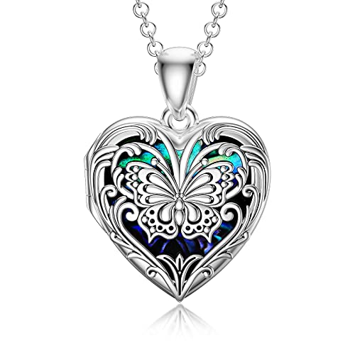 SOULMEET Personalized Butterfly Locket Necklace That Holds Up to 2 Pictures, Memorial Insects Silver Butterfly Photo Locket Custom Any Photo Healing Gift - color: B-Abalone Blue, style: Locket Necklace Only