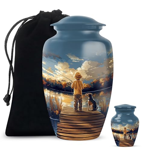 Fisherman Memorial Urns for Human Ashes, Fishing Keepsake Urn for Ash, Adult Funeral Urn Handcrafted, Decorative Gift, Combo, Blue (10 Inch & 3 Inch Mini) - color: Fishing Urn -2, size: 10"+3"Combo-1
