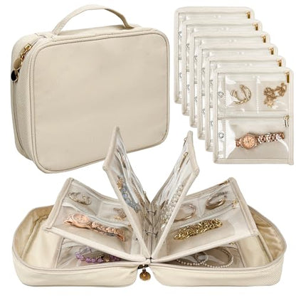 Travel Jewelry Organizer Case,Jewelry Bags Jewelry Storage Book Binder with Clear Zipper Velvet Pouch for Traveling,Earrings, Rings, Necklace, Bracelet (White) - color: Beige