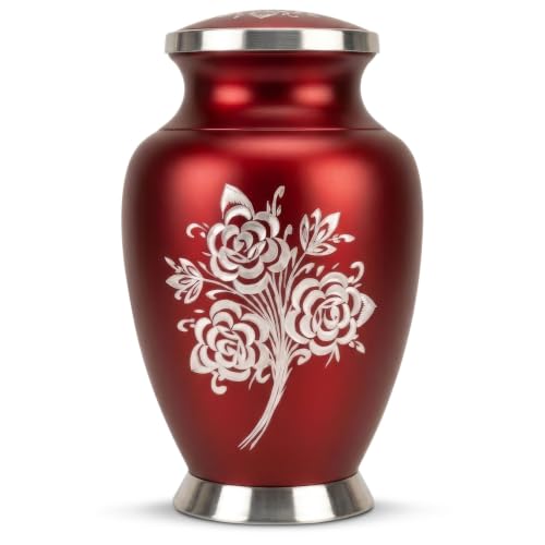 Cremation Urns for Human Ashes Adult | Handcrafted Red Rose Memorial Urn with Secure Threaded Lid | Elegant Large Funeral Urn for Men & Women, 200 Cubic Inches Capacity - color: Red, size: Large