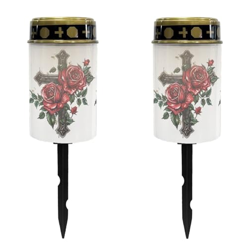 Cross and Rose Cemetery Solar Lights for Grave Decorative Graveside Solar Lights for Cemetery Waterproof Solar Pathway Lights for Grave Cemetery Decorations Solar Candle Set of 2 - color: Cross and Rose