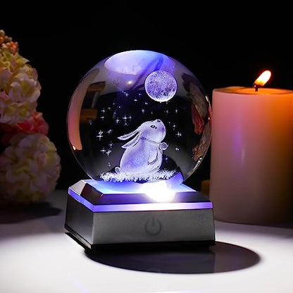 3.15'' Crystal Ball Engraved 3D Rabbit and Moon Stars, Colorful LED Base - color: Rabbit