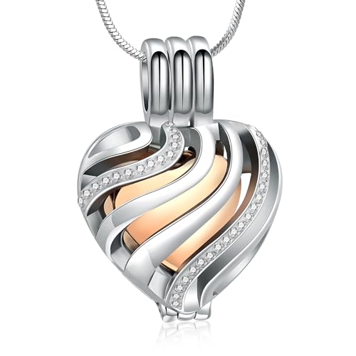 Cremation Jewelry Urn Necklace for Ashes with Hollow Mini Ball Keepsake Urn Pendant Memorial Jewelry for Ashes - color: Silver&Rose Gold