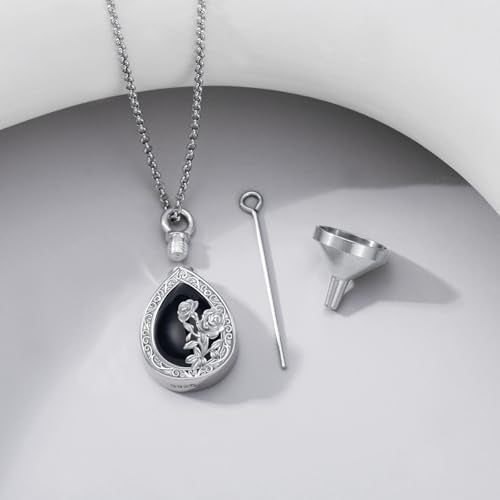 Rose & Daisy Urn Necklace - Sterling Silver Cremation Keepsake Memorial Jewelry - style: Rose Urn Necklace-Black Onyx