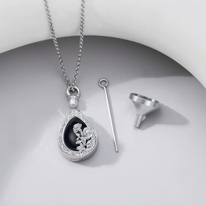 Rose & Daisy Urn Necklace - Sterling Silver Cremation Keepsake Memorial Jewelry - style: Rose Urn Necklace-Black Onyx