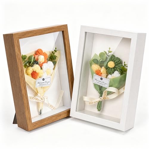 2Pack 5x7 Shadow Box Frame w. Mini Crochet Flower Bouquet, Small Shadow Box Frame, DIY Shadow Boxes Display Cases for Home Decor, Wedding, Birthday for Women, Mom, Friends