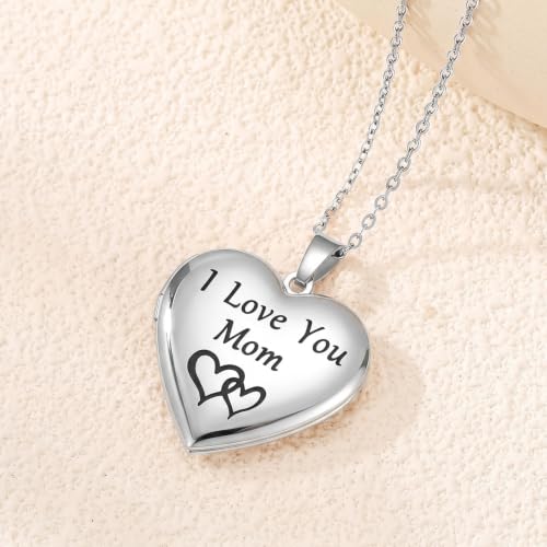PHOCKSIN Personalized Locket Necklace for Women Photo Necklace with Customized Picture Birth Flower Birthstone Customizable Birthday Gifts - color: #12 Heart Silver Mom