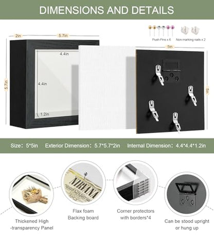 5x5 Smal Shadow Box Frame with Thickened Acrylic Panel & Pins - color: Black+foam Back+foam Packaging, size: 5x5