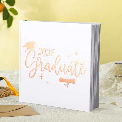 2026 Graduation Guest Book 8.7'' x 8.7" with 2 Markers Graduate Scrapbook Class of 2026 Picture Book Hardcover Rose Gold Foiled Photo Album for Graduation Party Supply Graduate Gifts 144 Pages - color: White, style: Graduate
