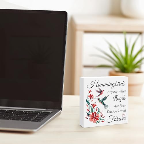 Memorial Gift Hummingbird Decorative Sign Gift Hummingbirds Appear When Angels Are Near Wooden Box Sign Sympathy Gift for Loss Of Loved Memorial Decor Home Desk Shelf Table Decor