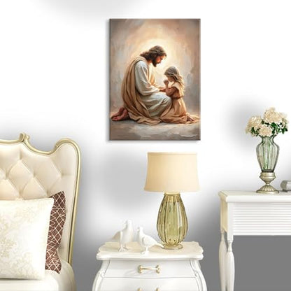 Jesus Praying with Girl Wall Art Canvas Poster Print, 8x10in - color: Jesus04, size: 8"L x 10"W