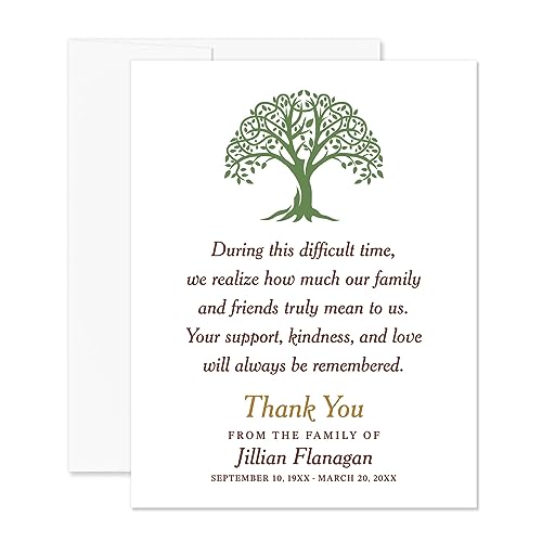 Green Tree Funeral Bereavement Thank You Cards | Memorial Sympathy Thank You Notes, 4.25x5.5", Personalized Note Cards, With Envelopes