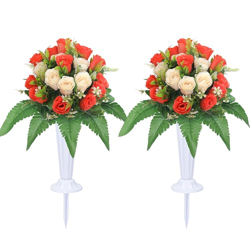 Cemetery Flowers for Grave Memorial Grave Flowers with Vases for Cemetery Grave Decoration 2sets - color: Orange