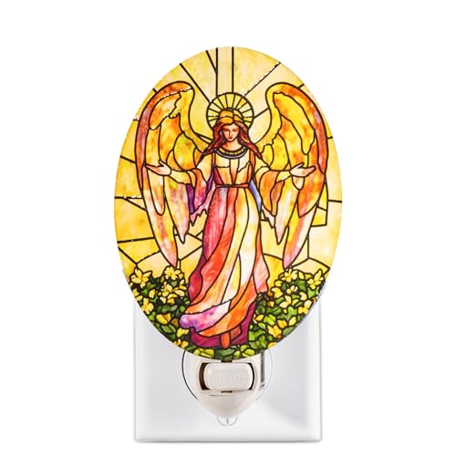 Guardian Angel Night Light Stained Glass Styled Plug-in Wall Light, Real Glass Spiritual Decor for Bedroom & Prayer Room, Manual Switch, Bulb Included Angel 3 - color: Angel 3