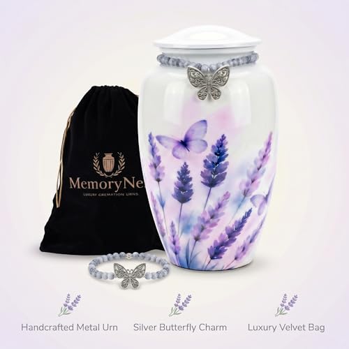 Lavender Butterfly Urn for Ashes Adult Female, Large Metal | Filigree Charm With Glass Beads, Holds upto 220lb Adults, Velvet Bag, Screw Top Lid, Memorial Keepsake, For Men & Women - color: White