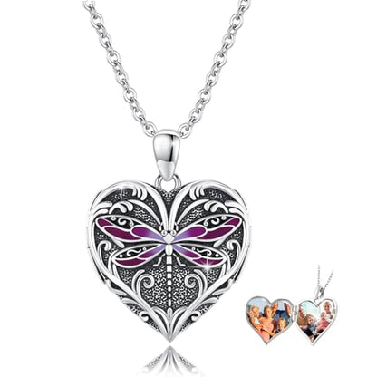 Heart Photo Locket Necklace Sterling Silver for Women | Dragonfly, Butterfly, Turtle, Dog Paw and Mother Daughter Styles, Jewelry Gifts for Mom Christmas Birthday Anniversary. - style: 1-Dragonfly-Purple