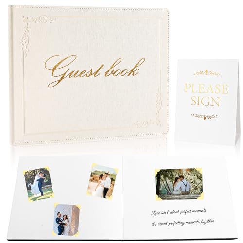 8x10 Leather Guest Book and Standup Sign Set, Gold Foiled Cover Registry Book for Wedding Reception, Retirement Party, Vacation Homes and Events, 120 Sheets (White Blank) - color: White Blank