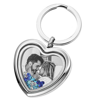 Custom Photo Text Engraved Heart Floating Living Locket Crystal Pendant Keychain - color: Blue - 1 Photo Engraving