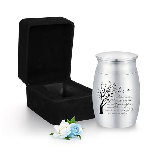 3 Inches Small Urn for Ashes Tree of Life Aluminum Mini Urn for Ashes Cremation Keepsake Urns for Human Ashes Memorial Ashes Holder for Women Men, Silver with Velvet Box