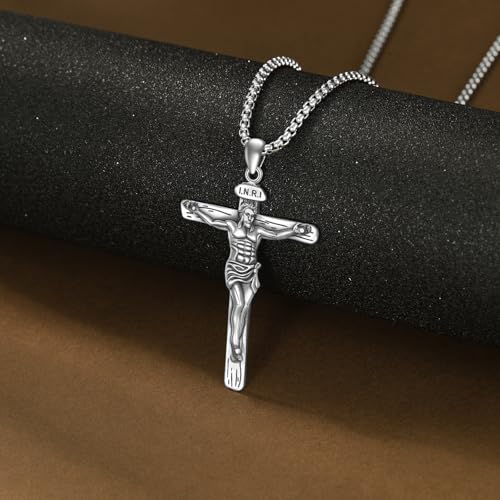 925 Sterling Silver Cross Necklace for Men & Women Crucifix Jesus/Cross Pendant with 22"+2" Stainless Steel Chain Jewelry Gift for Christmas, Father's Day, Mother's Day, Birthday-Gift Box Included - style: B03 Crucifix