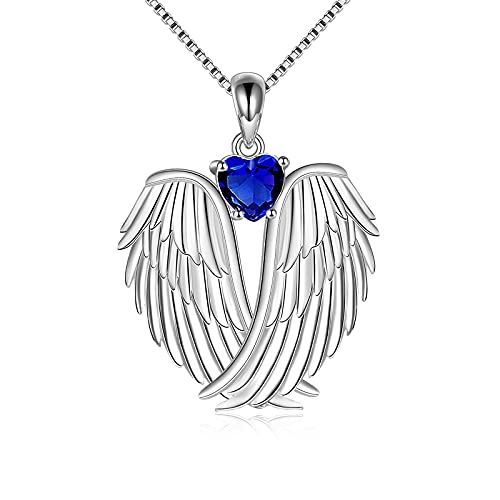 YFN Angel Wings Necklace 925 Sterling Silver Guardian Angel Wings Pendant Necklace Birthstone Necklace for Women Girls Christmas Jewelry Gifts - color: September