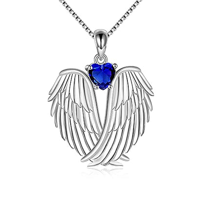 YFN Angel Wings Necklace 925 Sterling Silver Guardian Angel Wings Pendant Necklace Birthstone Necklace for Women Girls Christmas Jewelry Gifts - color: September