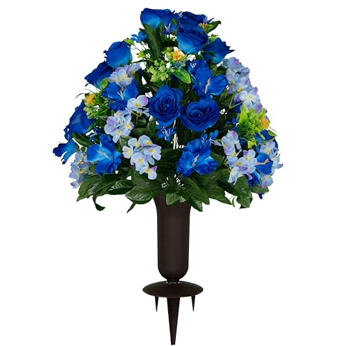 Sympathy Silks Artificial Cemetery Flowers - Gravesite Flowers - Blue Roses and Hydrangeas - (1) Bouquet (1) Cemetery Vase - size: Bouquet with Vase