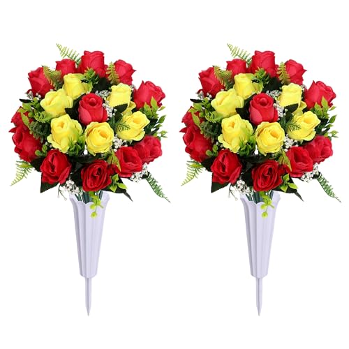 Set of 2 Artificial Cemetery Flowers with Vase,Grave Memorial Flowers,Artificial Rose Bouquet Decoration for Cemetery Headstones Gravesites (Red Yellow, 2 Bouquets) - color: Red Yellow