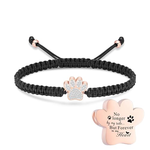 Hearbeingt Paw Print Urn Bracelet for Ashes Pet Cremation Jewelry | Stainless Steel,Adjustable Braided Rope,Mini Ash Holder for Dog Cat,Memorial Keepsake Jewelry, Bereavement Gift Pet Loss - color: A-Rose Gold