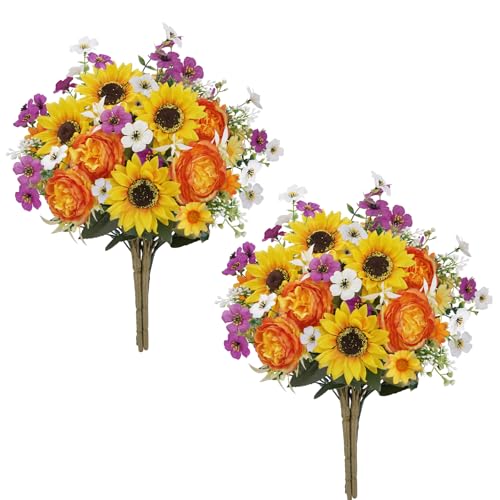 2 PCS 14" Cemetery Flowers for Grave Sunflower Artificial Flowers Bouquet | Faux Sunflowers with Peonies Silk Fall Flowers Artificial for Cemetery Wedding Table Centerpieces Arrangements Home Decor