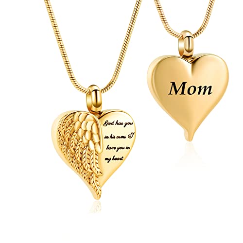 Angel Wing Heart Urn Necklace for Ashes Cremation Jewelry for Women Men Stainless Steel Memorial Necklaces Ash Holder for Human Keepsake Jewelry for Loved Ones with Fill Tool - color: Gold-Mom