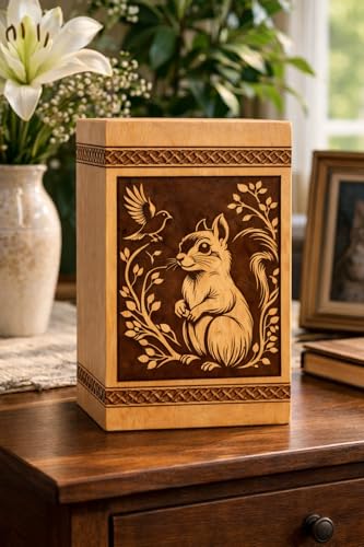Handcrafted Wooden Urn Box with Squirrel & Bird Engraving – Decorative Memorial Keepsake[Available urn Box in 5 Different Sizes] (((Full Size 14X7.5 600 Cubic INCHES)))