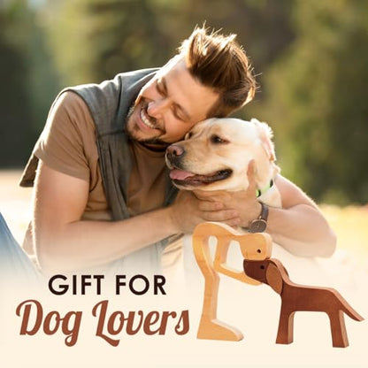 DOPTIKA Wooden Man and Dogs Figurines Home Decor, Wood Pet Carving Gifts for Men, Dog Statue for Bedroom Office Bookshelf Decor, Wooden Dog Memorial Gifts for Loss of Dogs
