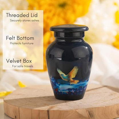Small Keepsake Cremation Urn for Ashes - Beautiful Mini Memorial Urn with Velvet Box & Bag - color: Blue