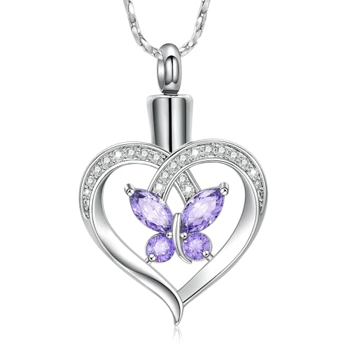 Imrsanl Butterfly Heart Pendant Cremation Urn Necklace for Women - color: Silver-Purple