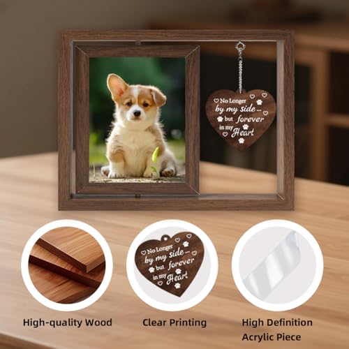 Pet Memorial Frames Forever in My Heart Pet Frame Wooden Rotating 4x6 Picture Gifts with Heart Charm No Longer by My Side But Forever in My Heart Dog Sympathy Remembrance Bereavement Gift
