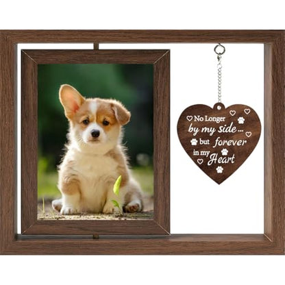 Pet Memorial Frames Forever in My Heart Pet Frame Wooden Rotating 4x6 Picture Gifts with Heart Charm No Longer by My Side But Forever in My Heart Dog Sympathy Remembrance Bereavement Gift