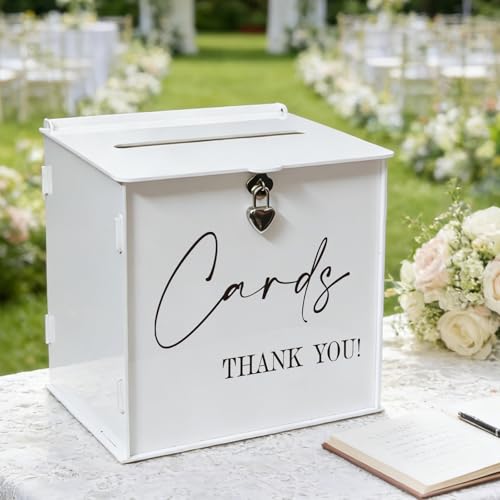 White Acrylic Card Box with Lock & Slot, Elegant Wedding Card Boxes for Reception Money Envelope Cash Gift, Stylish Cards Box for Party Graduation Bridal Baby Shower Birthday Table Decor - color: White